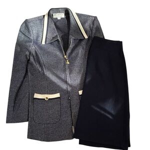 ST JOHN Vintage Women's Navy Jacket and Skirt Set with Cream Accents Size 6